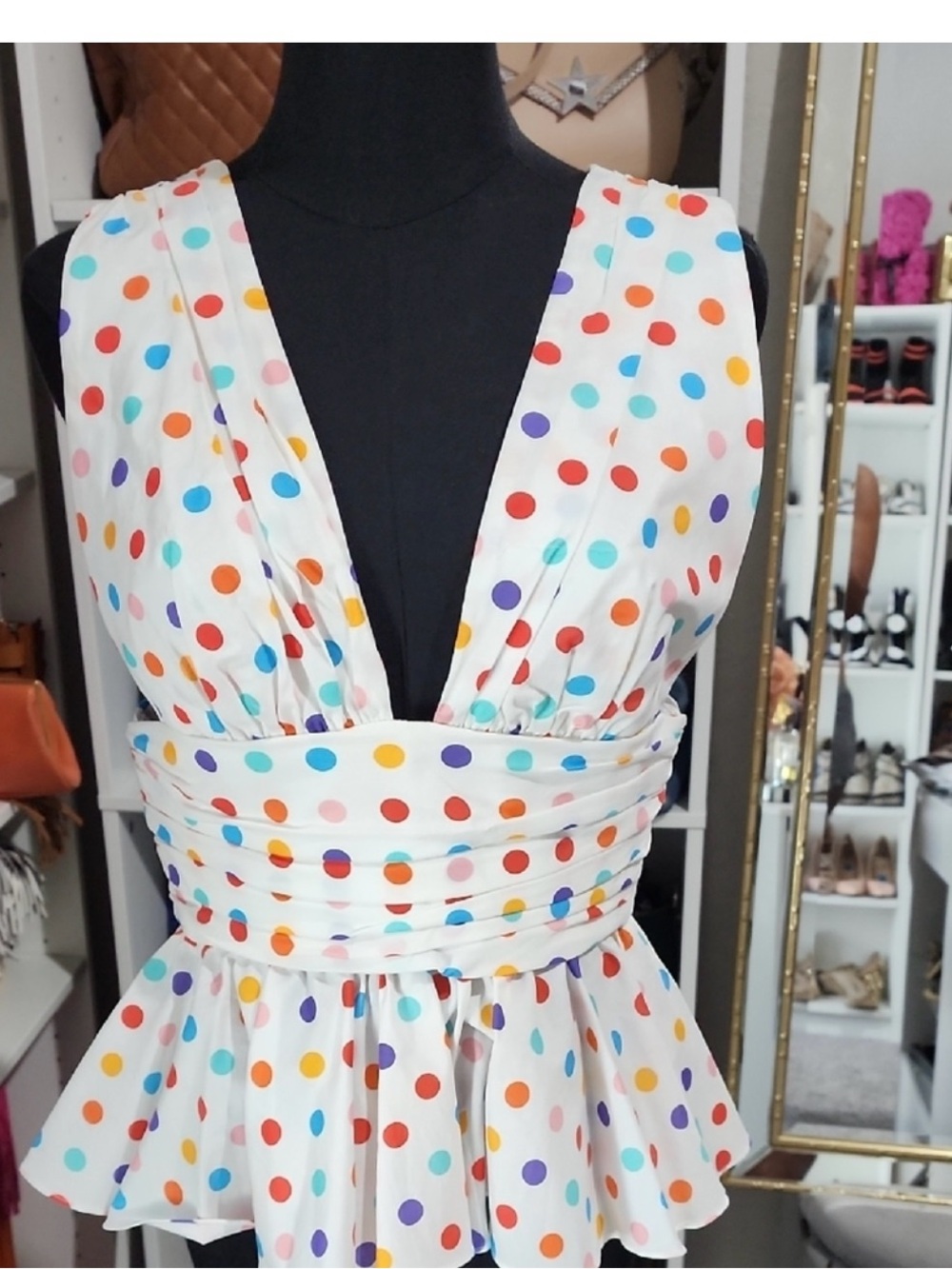 Caroline Constas White Multicolor Polka Dot Peplum Camisole